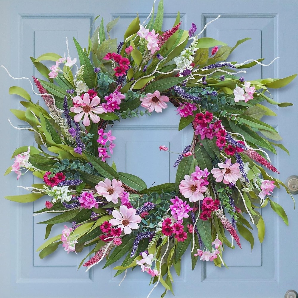 Soomeir Summer Spring Daisy Front Door Wreath 24" Pink Purple New in Box